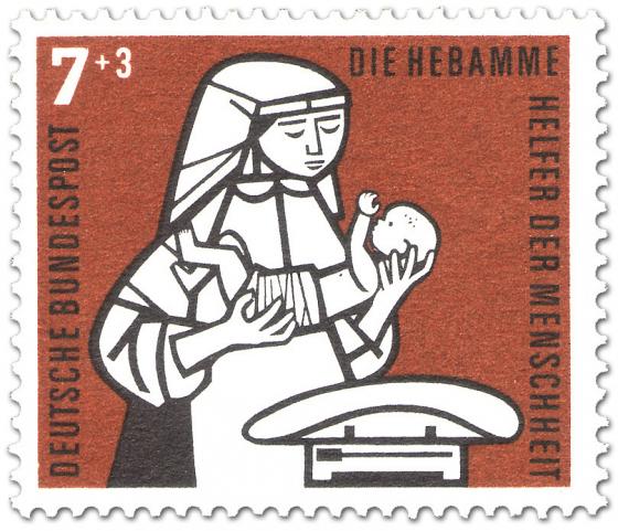 Stamp: Hebamme mit Kind und Waage